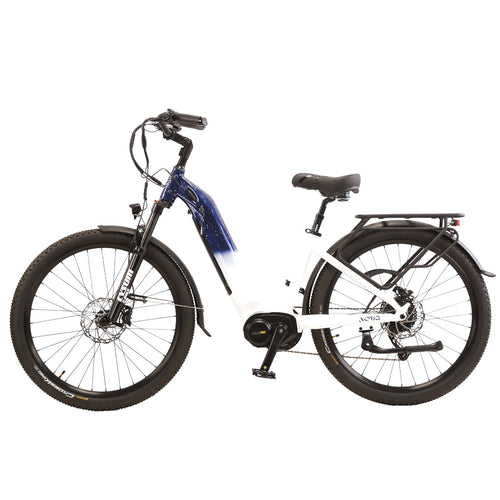 Electric bicycle with blue frame and black components on a white background