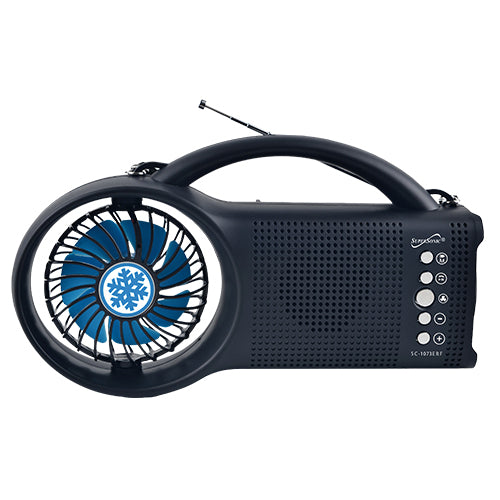 Portable radio with fan on a white background