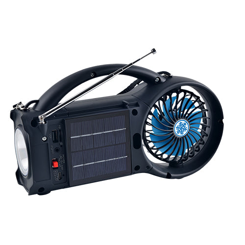 Portable solar fan with radio and flashlight on a white background