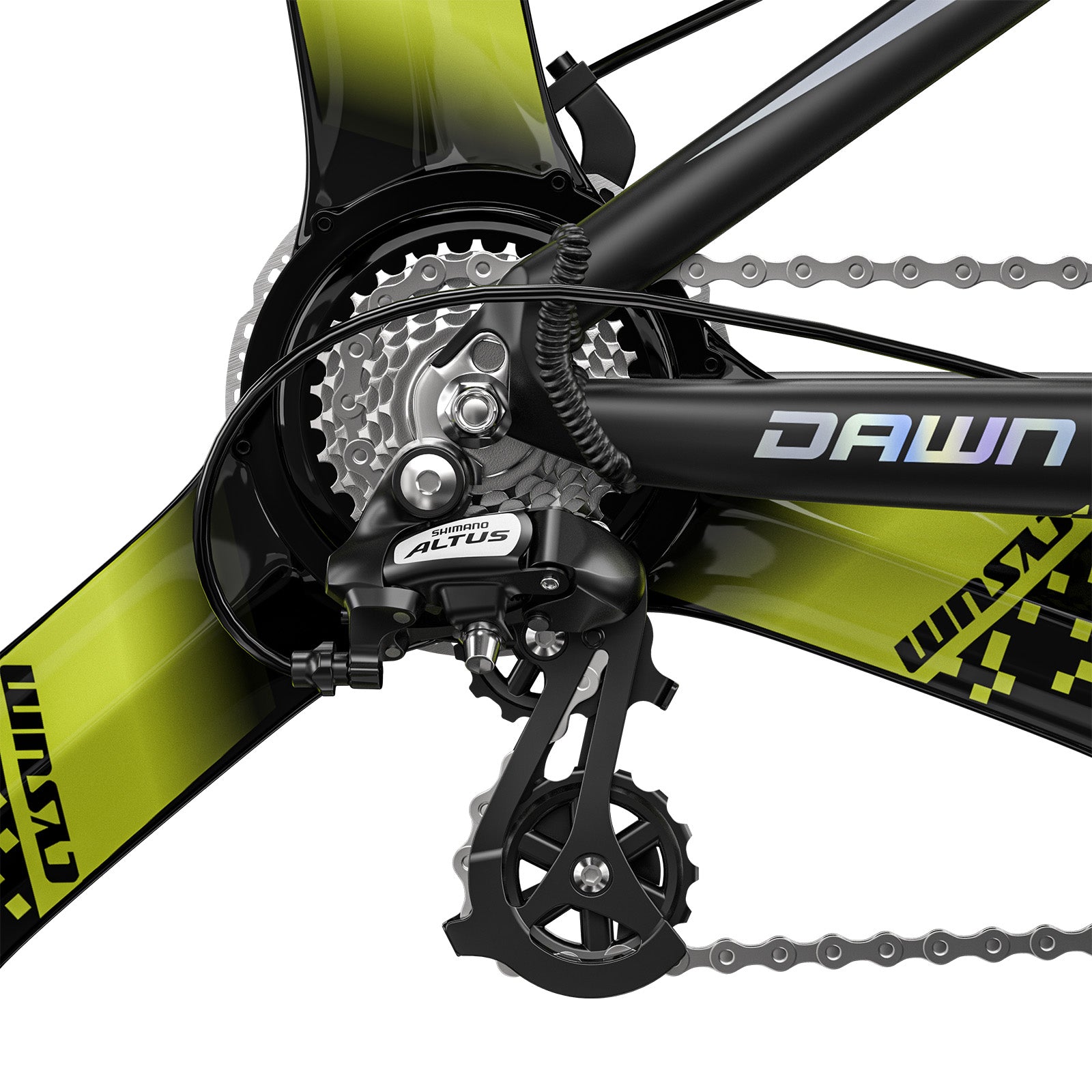 Close-up of a bicycle's gear system with 'Dawn' branding on a white background