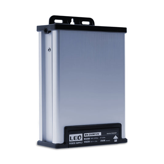 Metallic power supply unit with black top and bottom on a white background