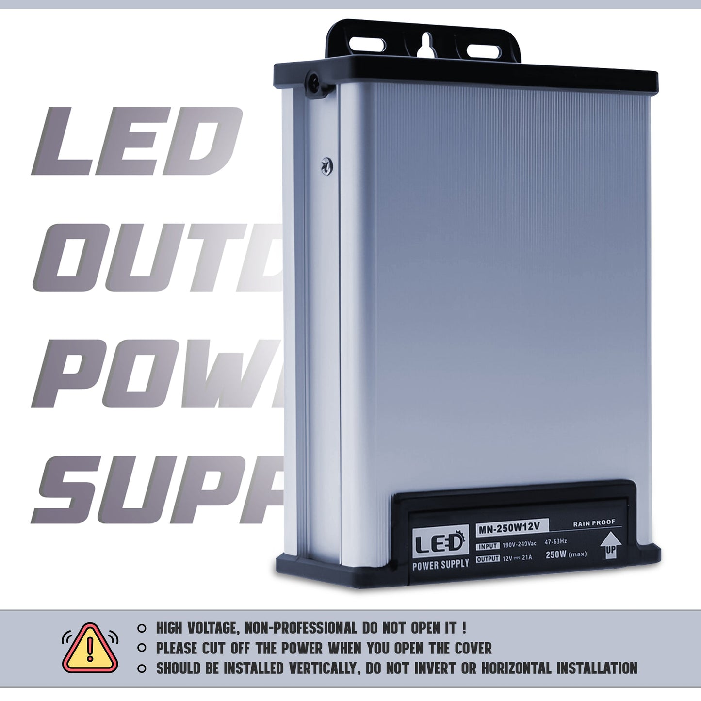 LED outdoor power supply with warning labels on a light gray background