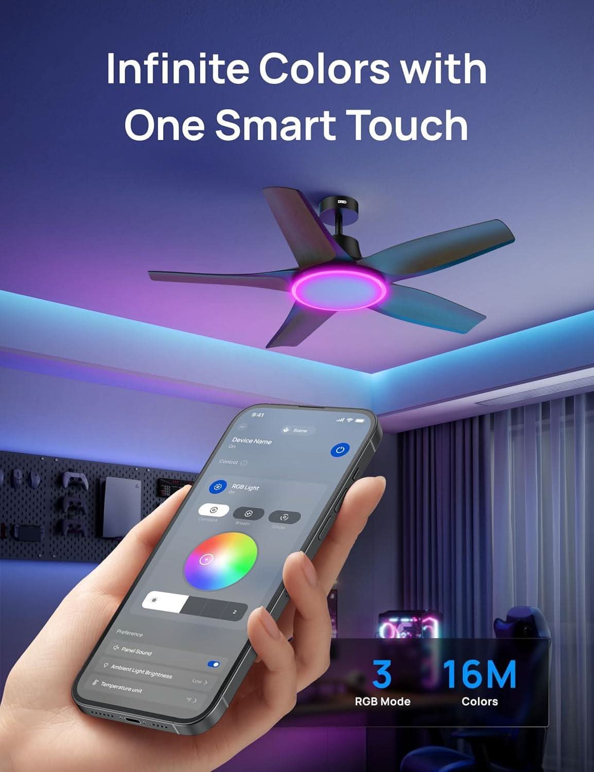 Smart ceiling fan with RGB lighting controlled by a smartphone app in a room setting.