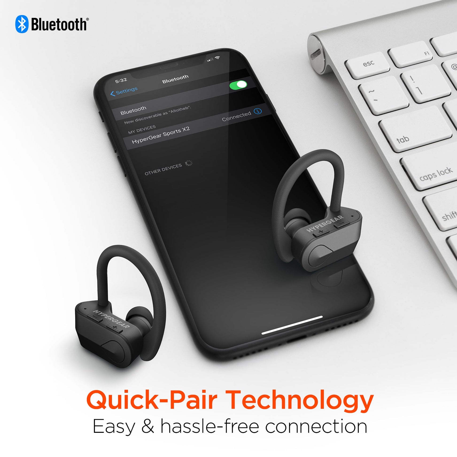Wireless earbuds with smartphone displaying Bluetooth connection on a white background