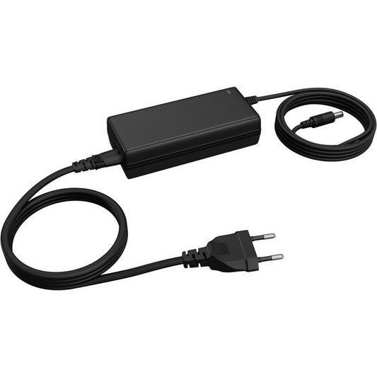 Black power adapter with plug on a white background