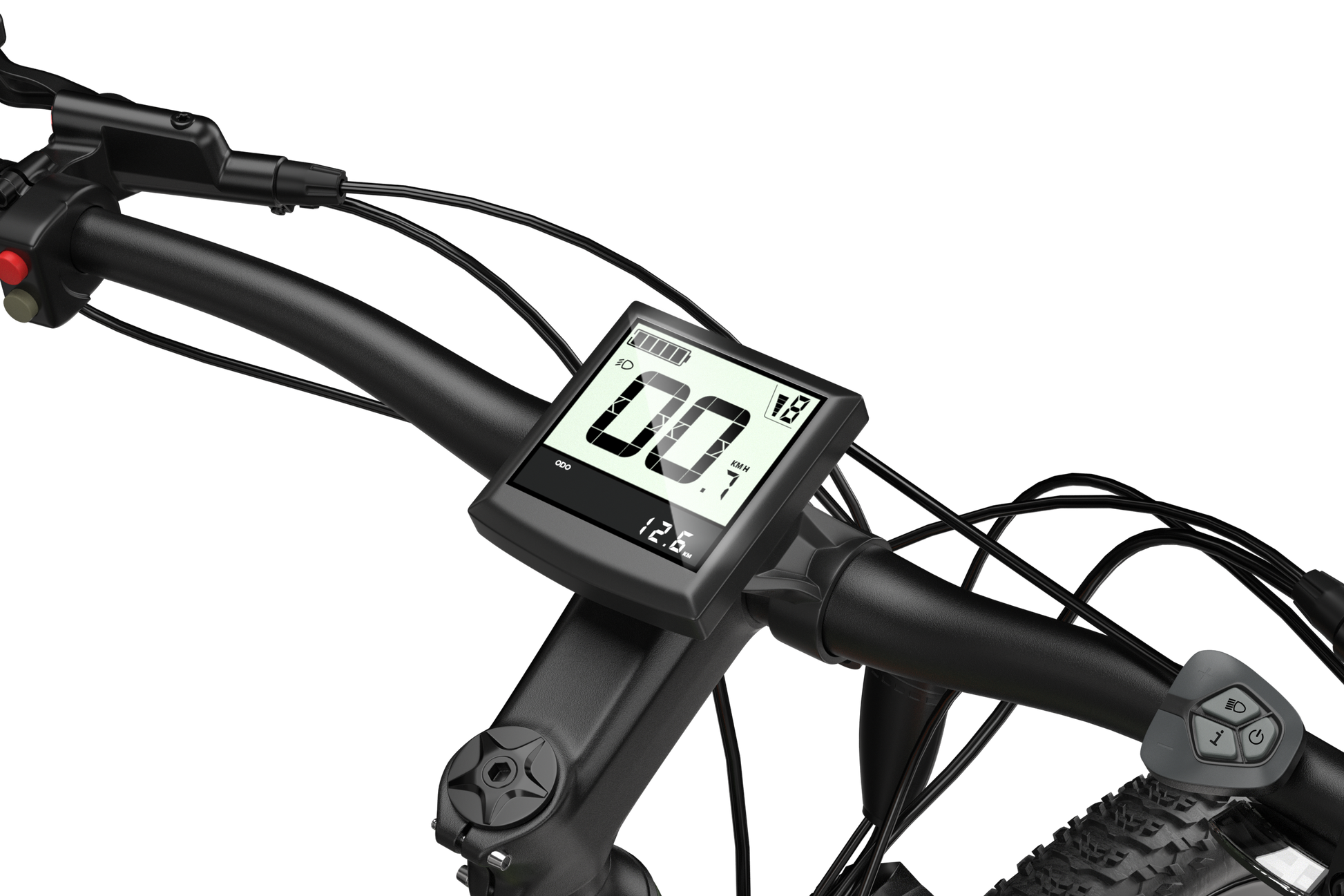 Bicycle handlebar with digital speedometer on a white background