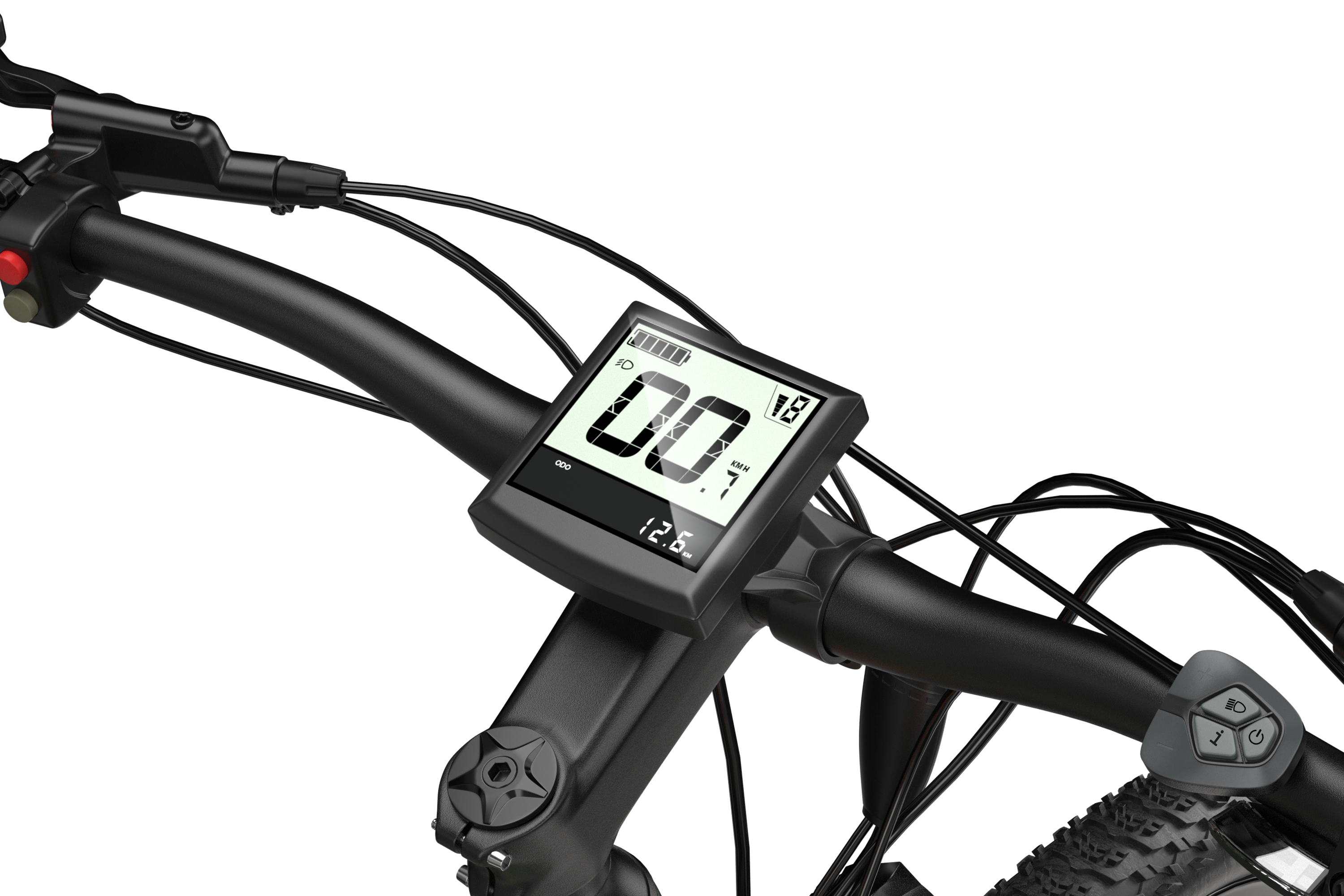 Bicycle handlebar with digital speedometer on a white background