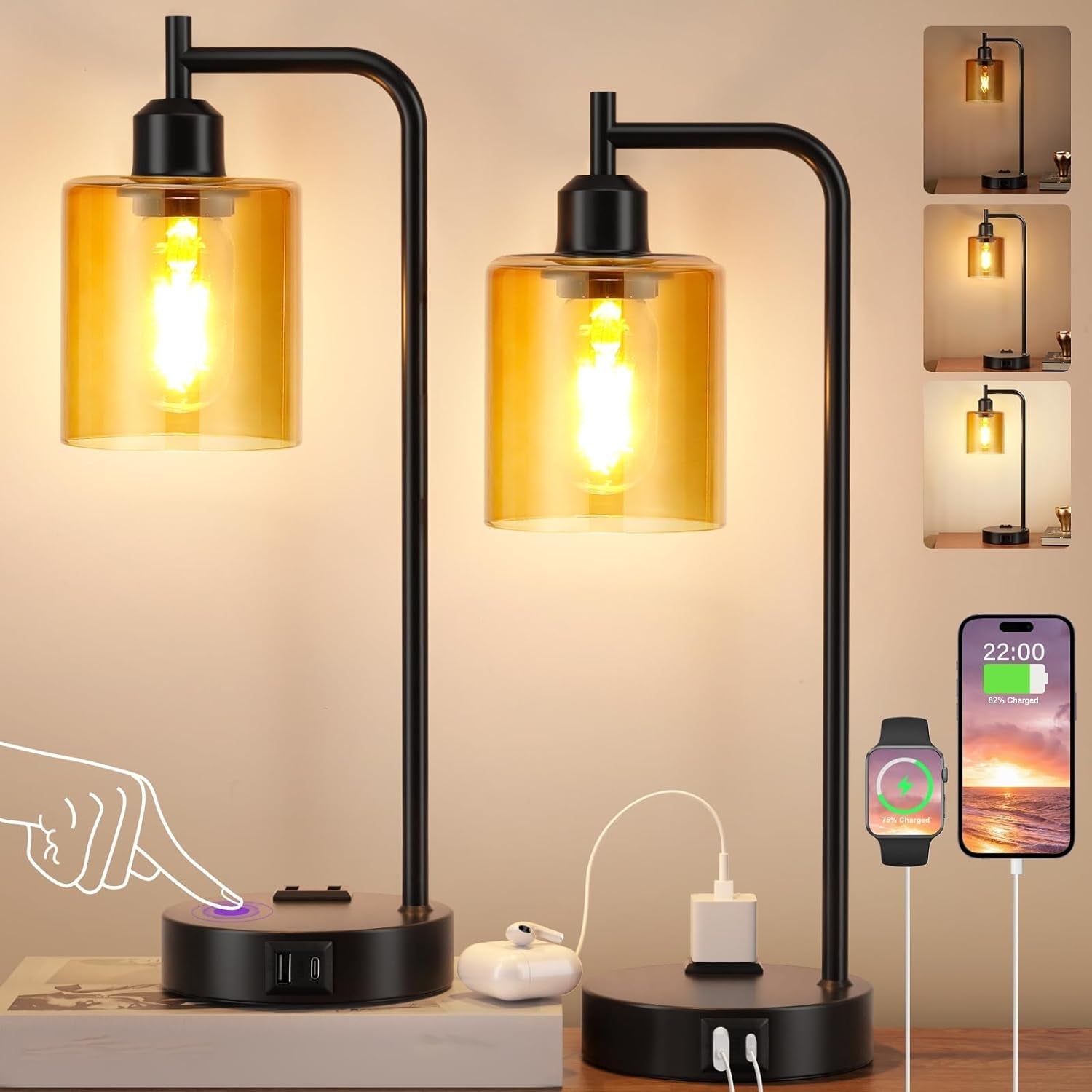 Modern table lamp with glass shades and USB ports, shown on a desk with smartphone and accessories.