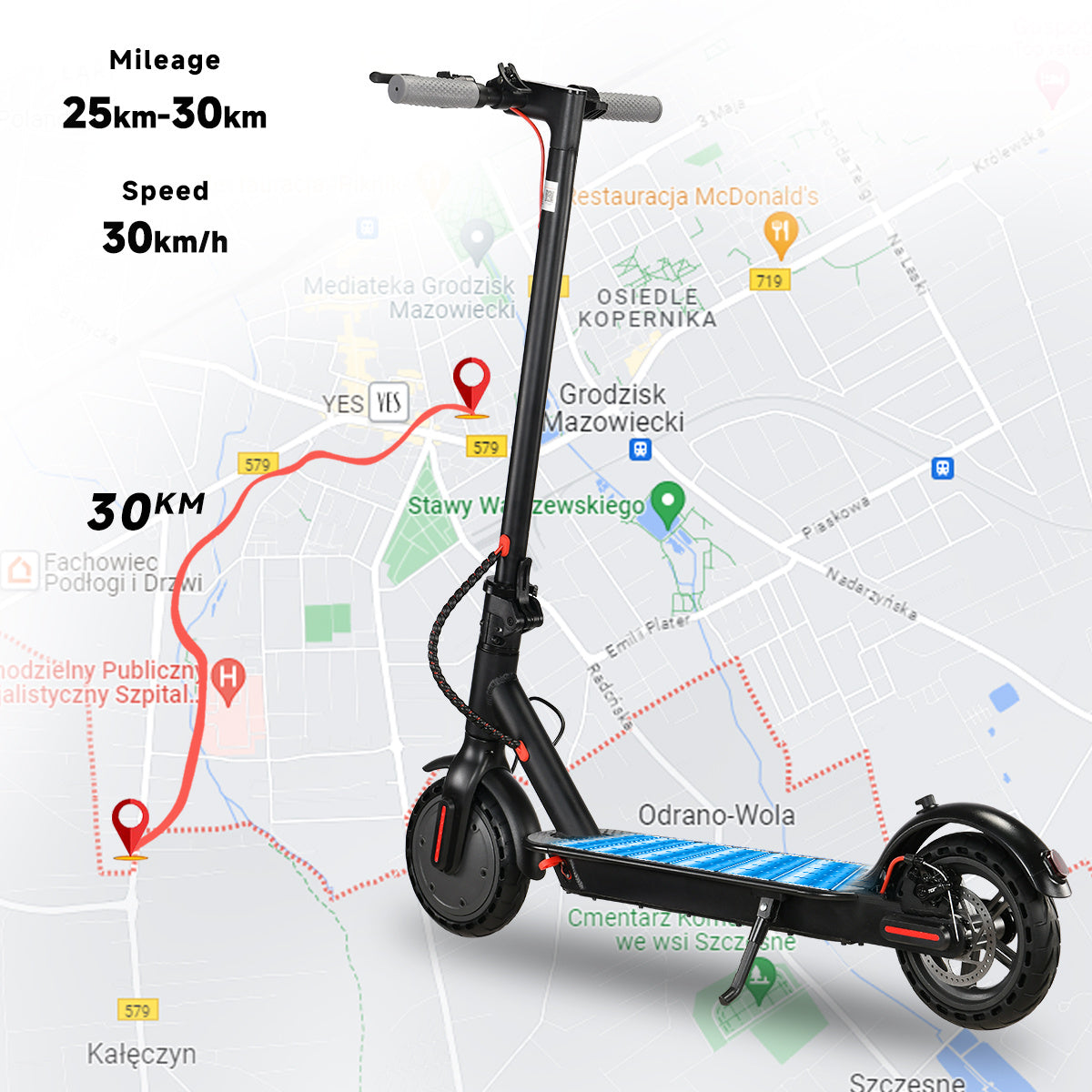 Electric scooter with map showing distance and speed on a white background