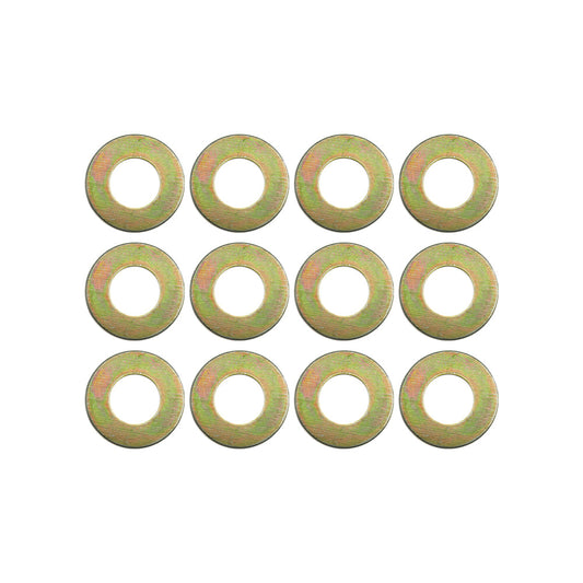 Ten flat circular metal washers arranged in a 3-by-4 grid on a plain white background.  Best automotive parts and accessory online shop. Axis-Dynamics.