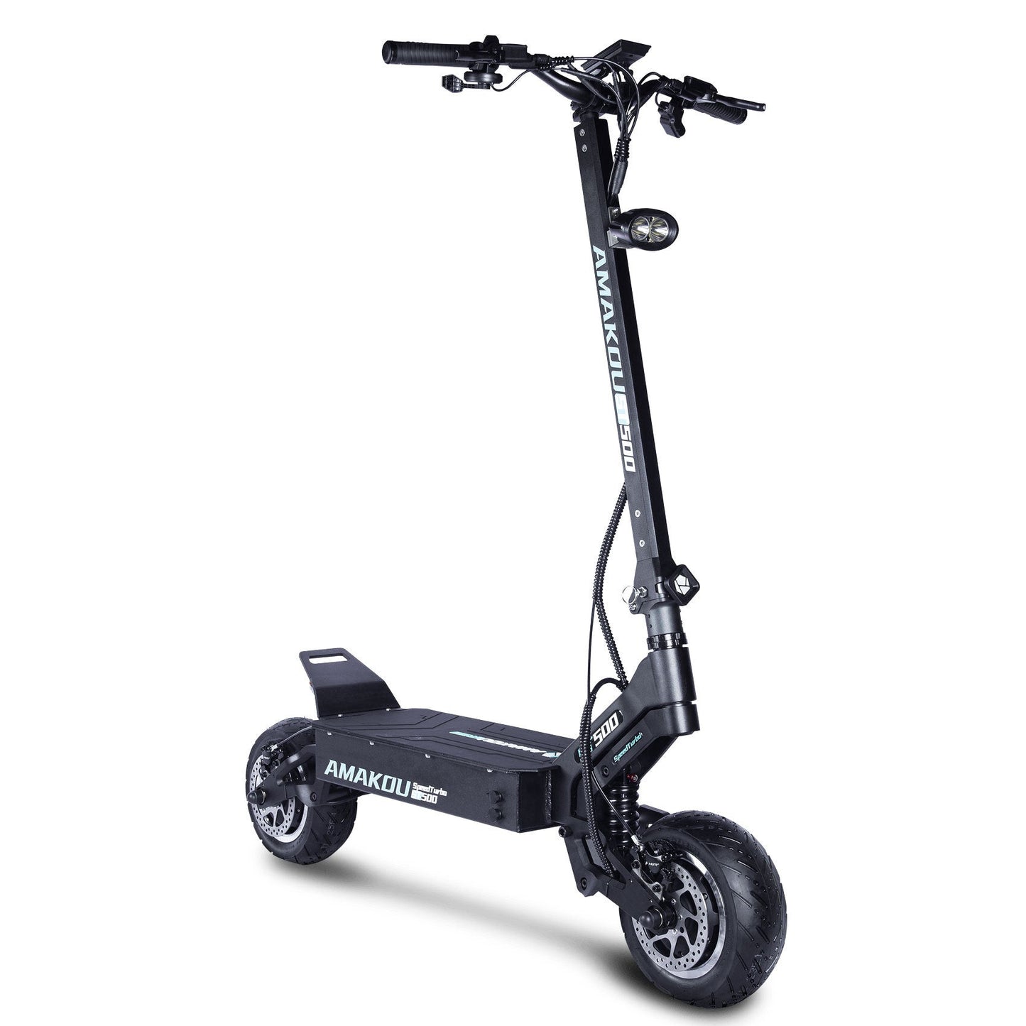Black electric scooter with 'Amakou' branding on a white background. Axis-Dynamics