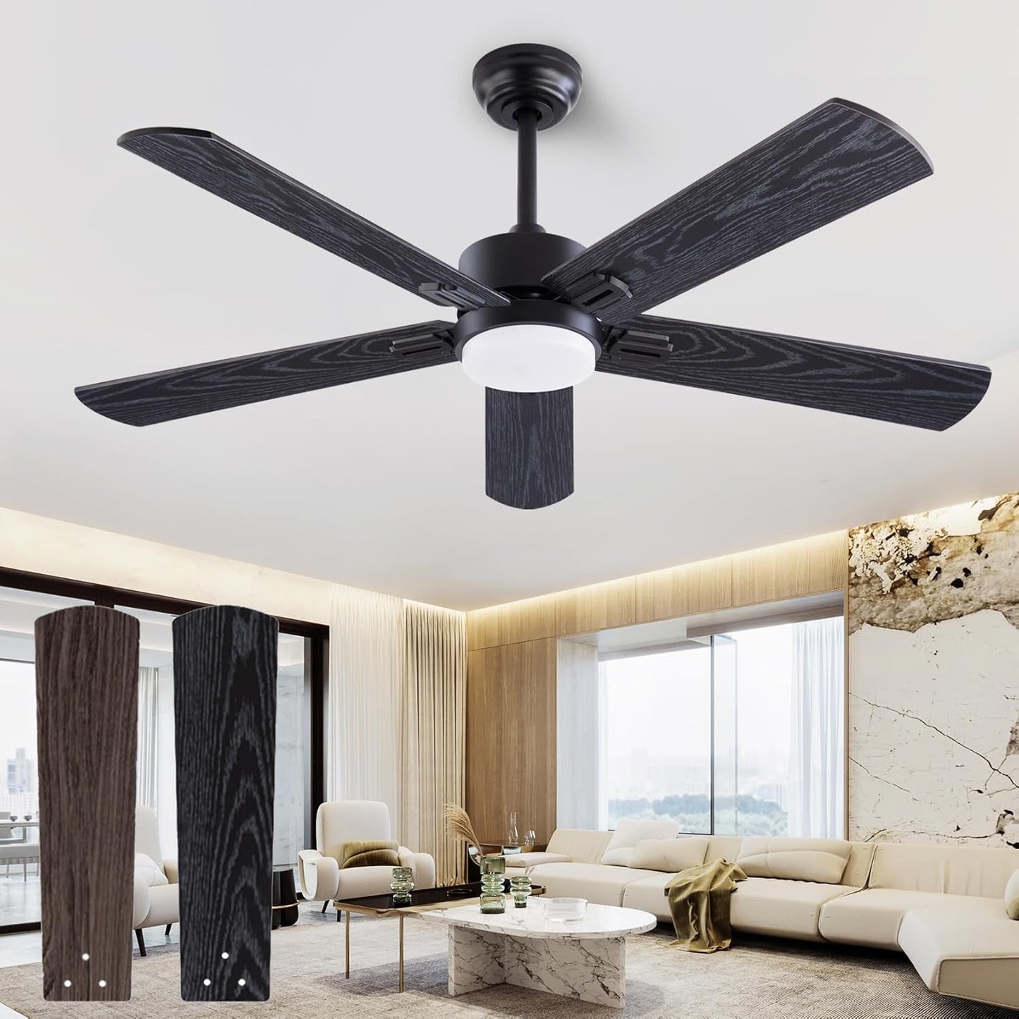 Modern ceiling fan in a stylish living room with large windows and decor.