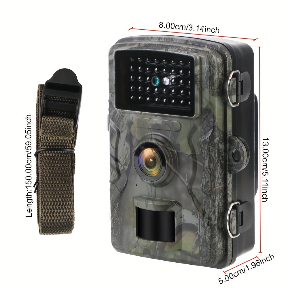 Camouflage-patterned wildlife camera with measurement details on a white background