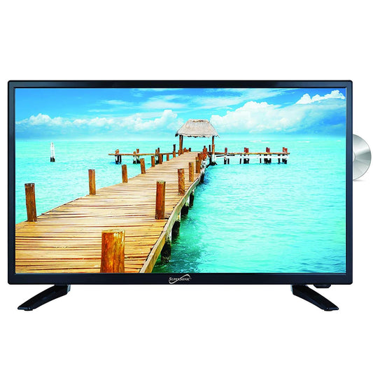 LED TV with a scenic display of a dock on a white background