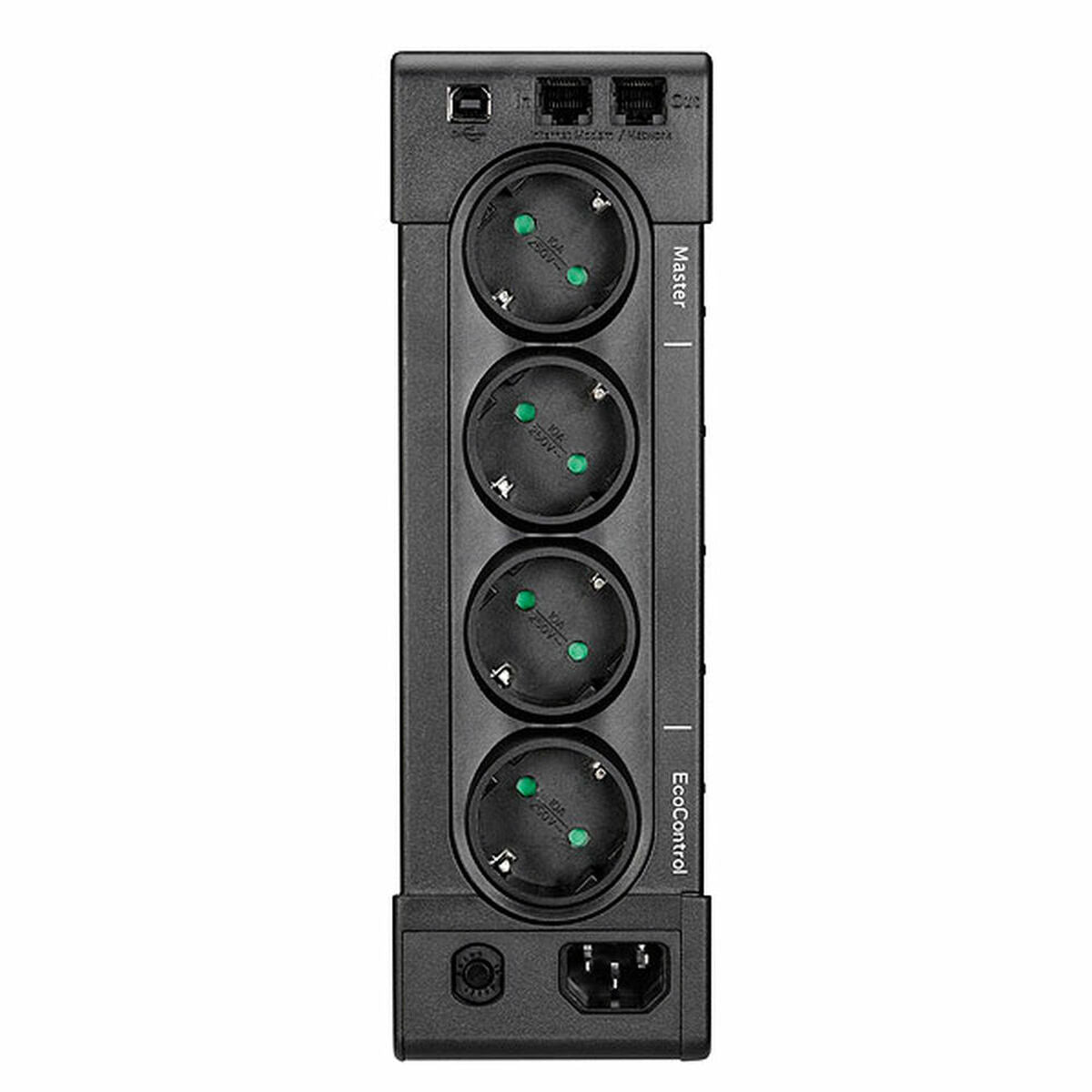 Black power strip with multiple sockets on a white background