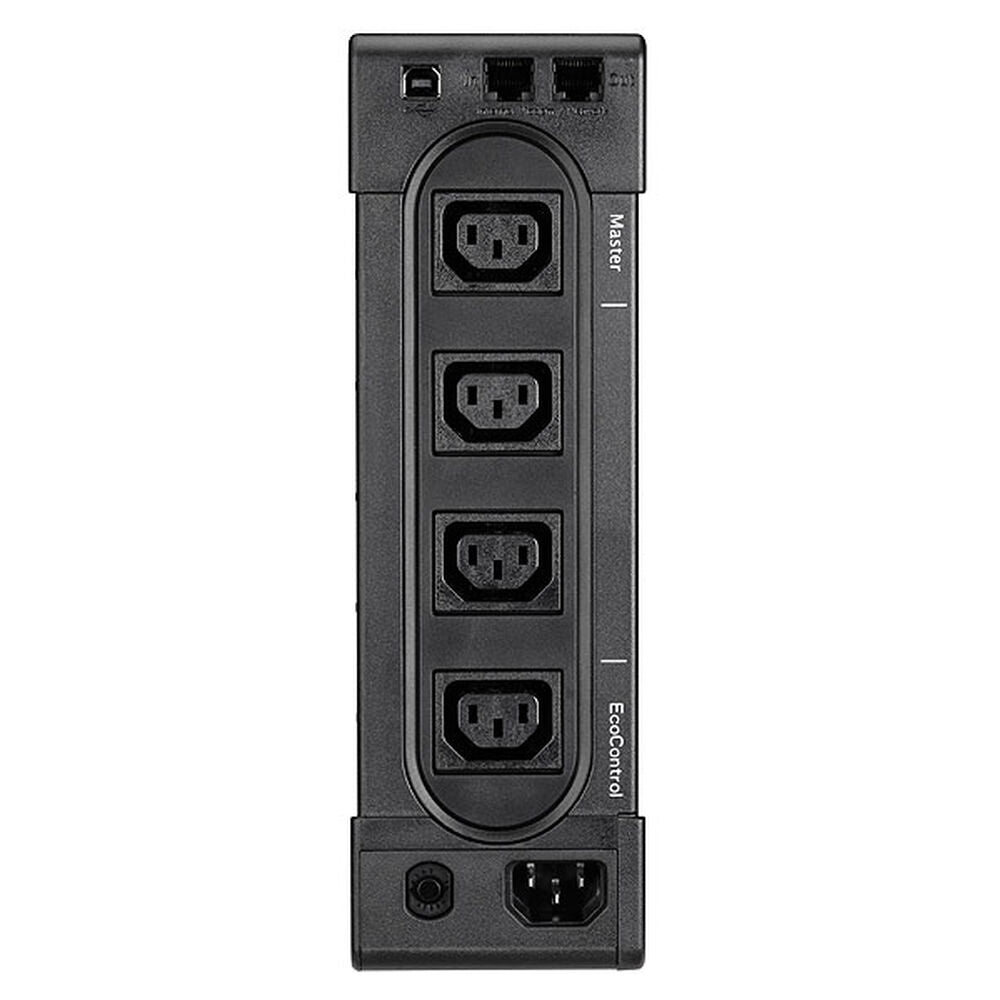 Black power strip with multiple outlets on a white background