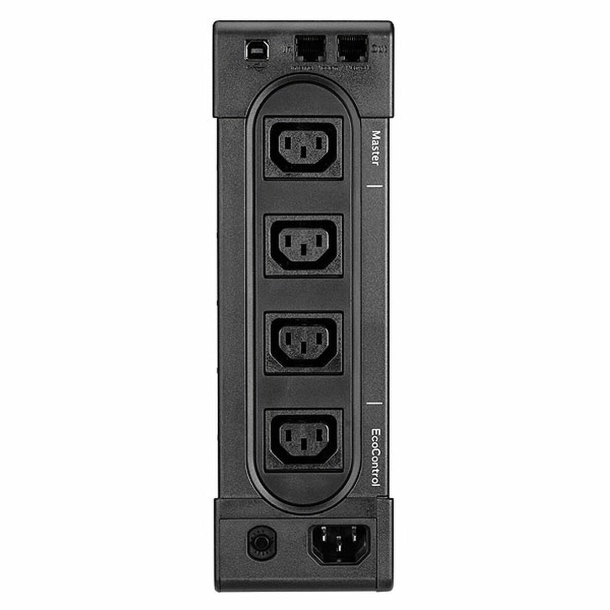 Black power strip with multiple outlets on a white background