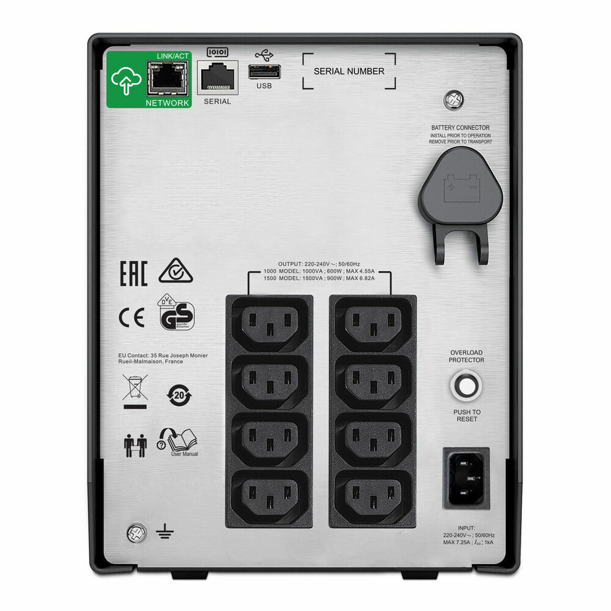Back view of a power strip with multiple outlets and connectors on a white background