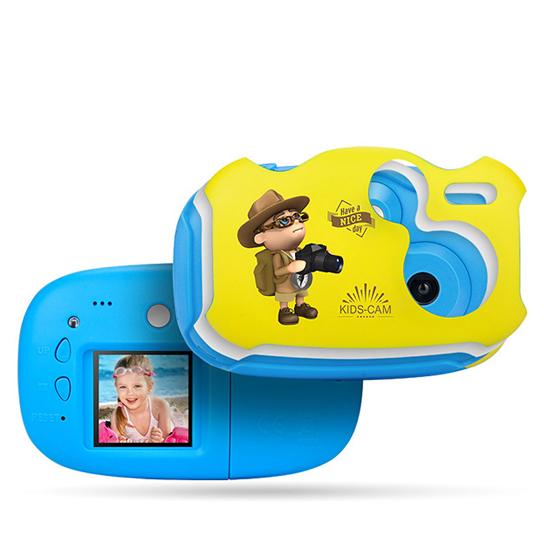 Children's camera with blue and yellow design on a white background