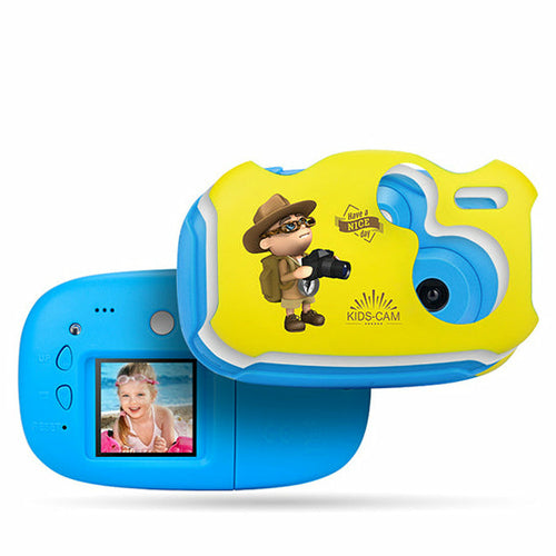 Children's camera with blue and yellow design on a white background