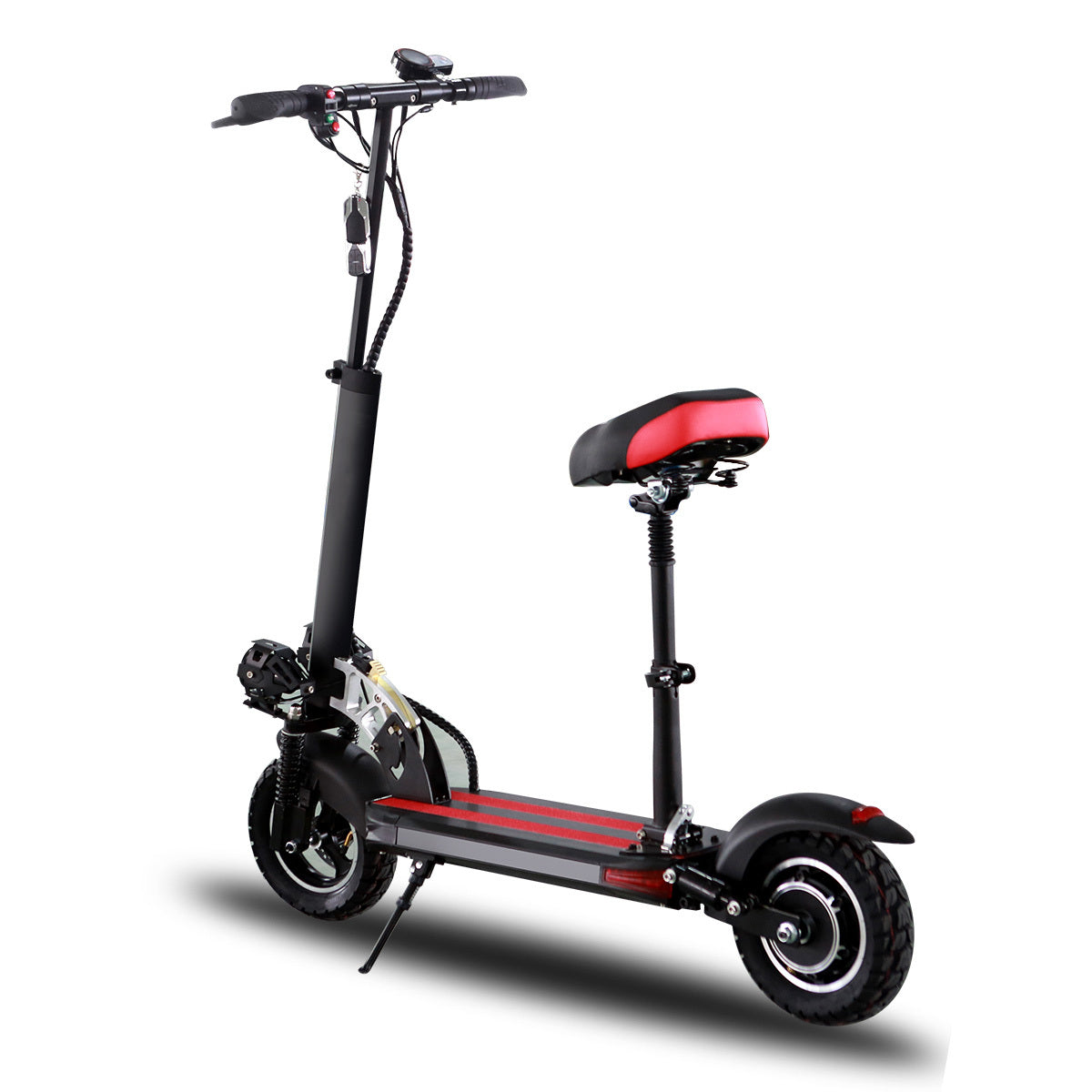 Black electric scooter with a red seat on a white background