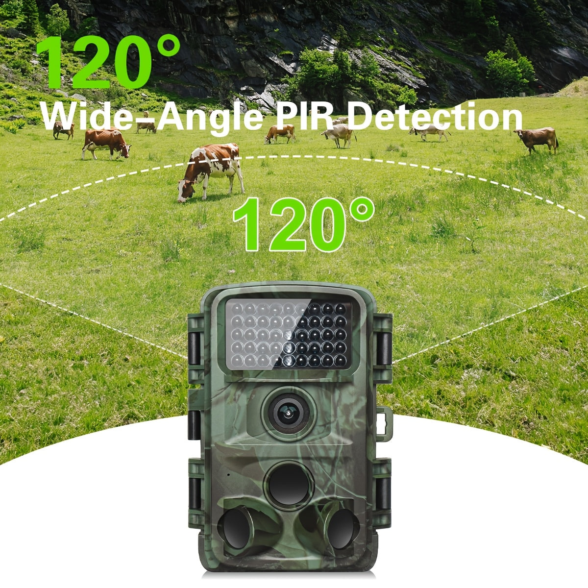 Camouflage trail camera with 120-degree wide-angle PIR detection on a grassy field background.