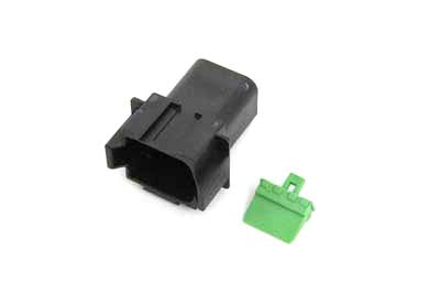 A black plastic electrical connector shown next to a small green plastic terminal cover on a plain white background.  Best automotive parts and accessory online shop. Axis-Dynamics.