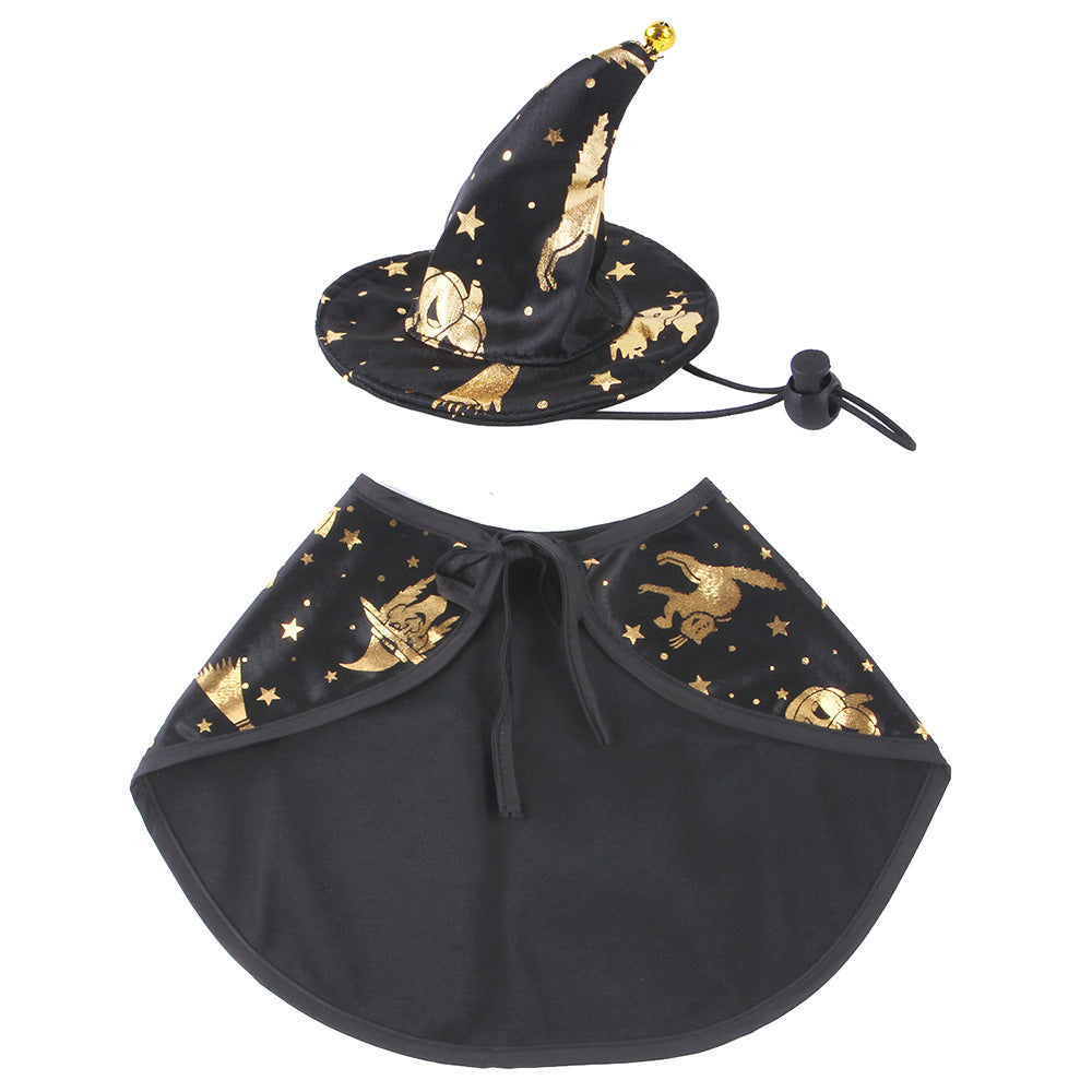 Black witch hat and cape with gold moon and star patterns on a white background