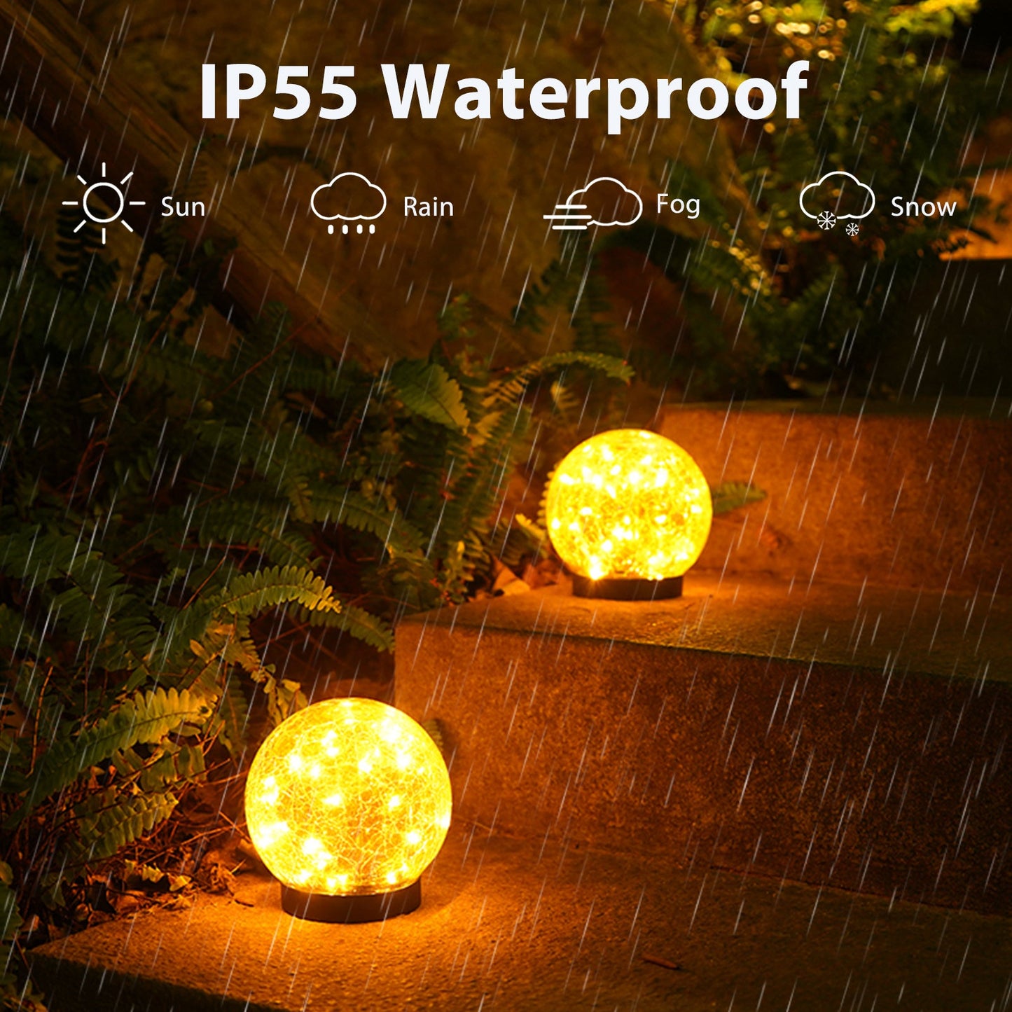 Two IP55 waterproof outdoor lights on a stone surface with rain and snow symbols above.