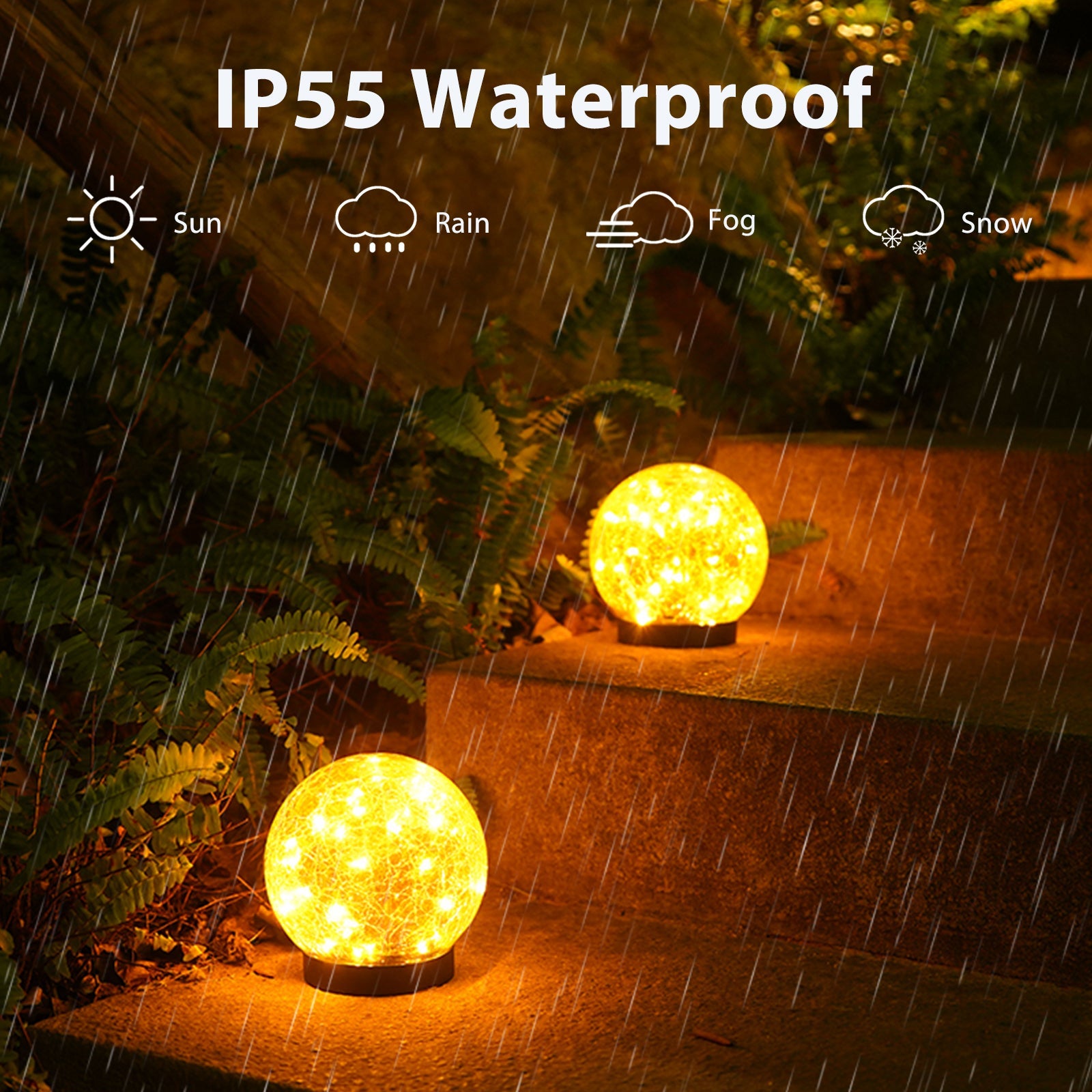 Two IP55 waterproof outdoor lights on a stone surface with rain and snow symbols above.