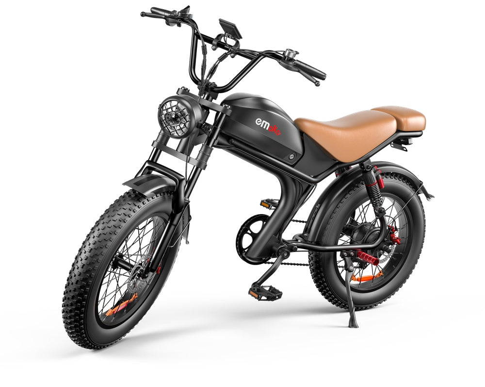 Black electric bike with a brown seat on a white background