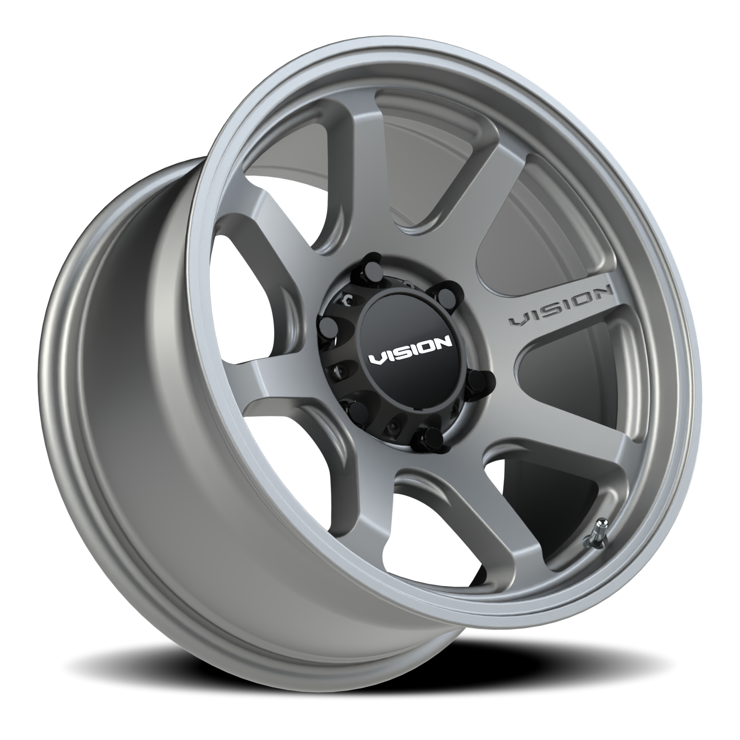 Silver alloy wheel with 'Vision' branding on a white background.  Best automotive parts and accessory online shop. Axis-Dynamics.