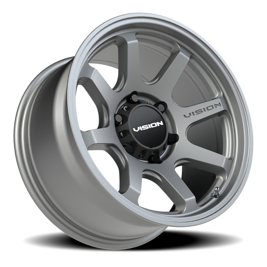 Silver alloy wheel with 'Vision' branding on a white background.  Best automotive parts and accessory online shop. Axis-Dynamics.