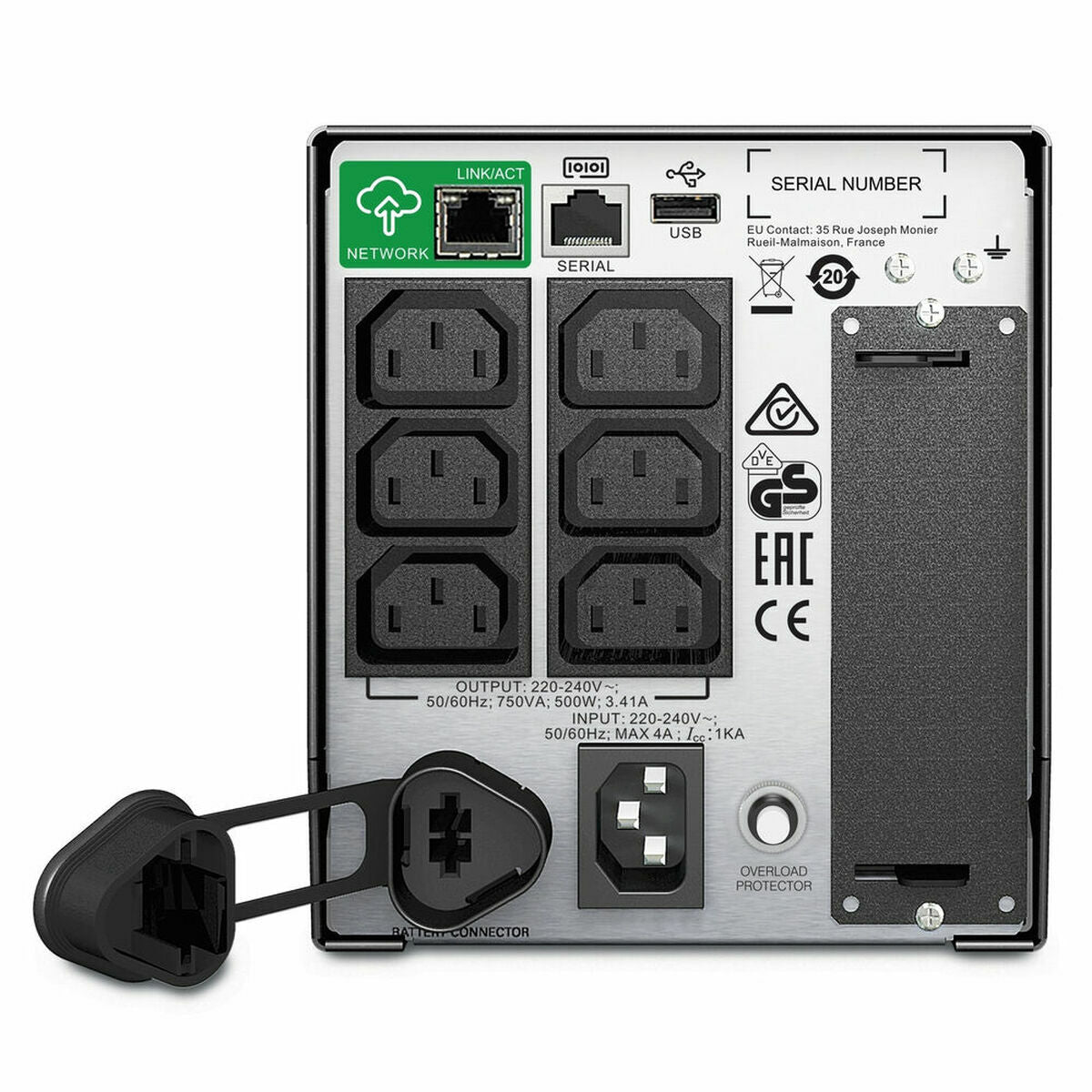 Back view of a power strip with multiple outlets and connectors on a white background