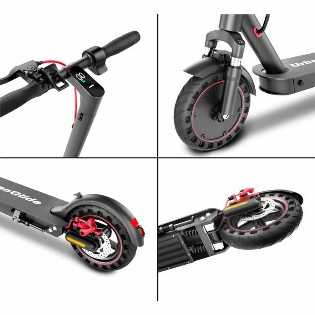 Close-up details of a black electric scooter on a white background