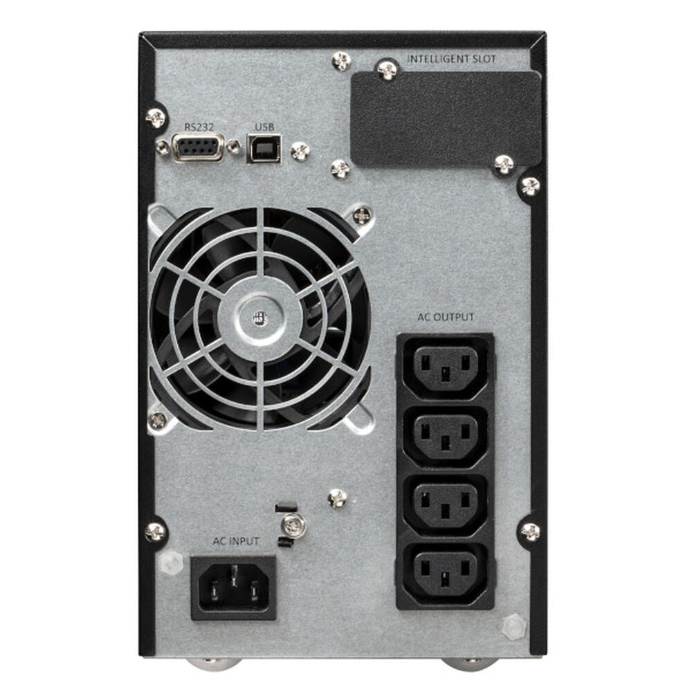 Back view of a power supply unit with connectors and labels on a white background