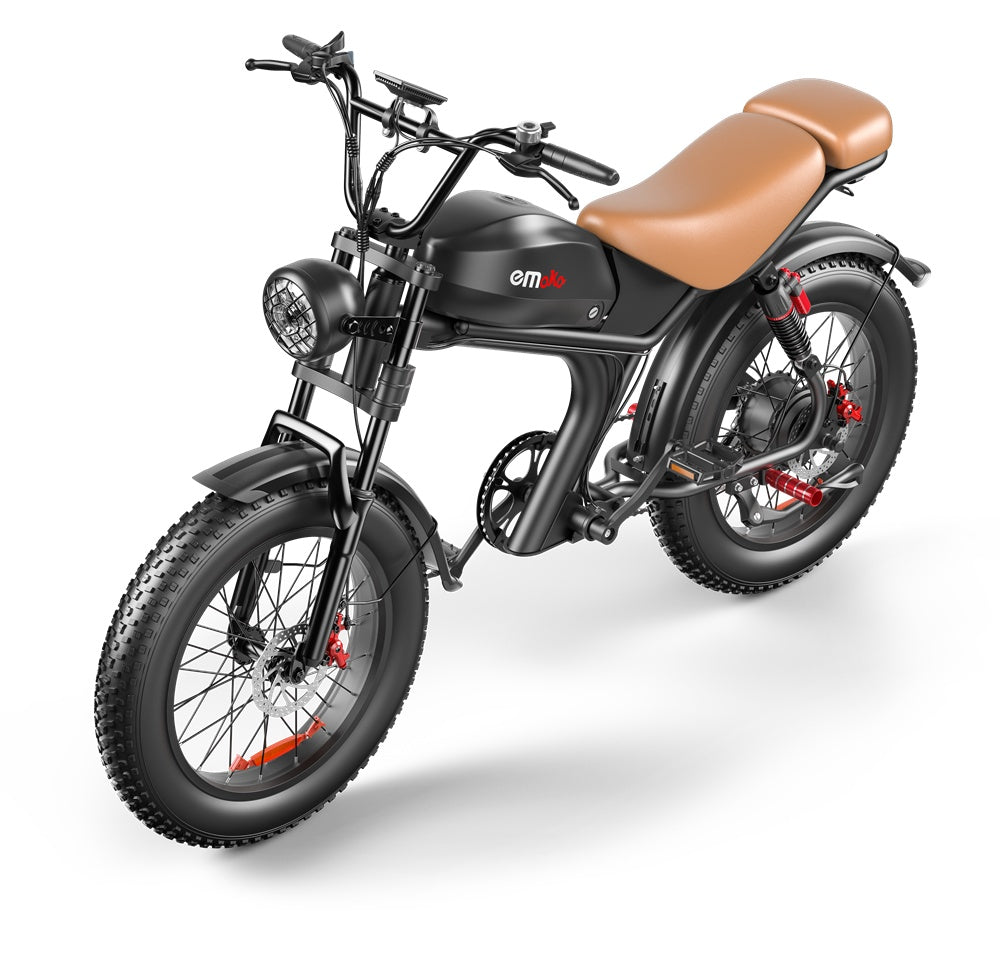 Black electric bike with a brown seat on a white background
