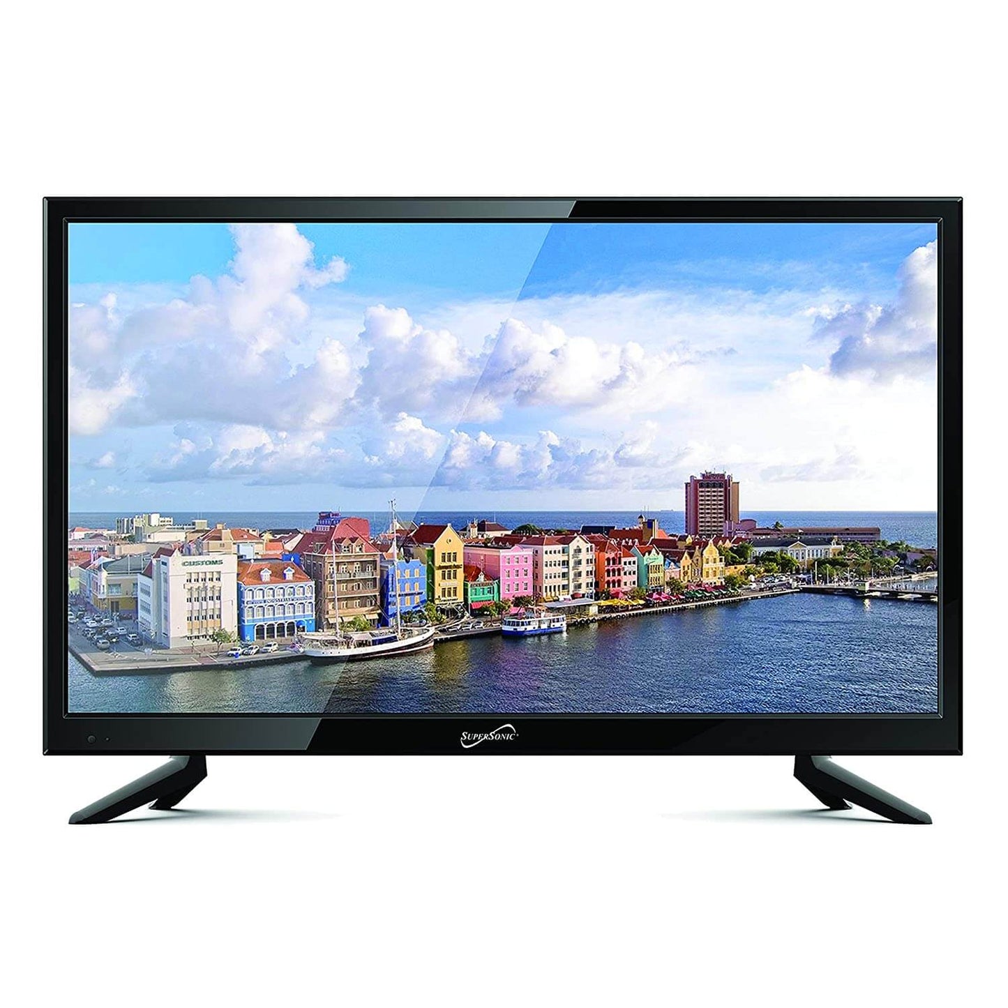 Monitor displaying a colorful cityscape with a body of water and buildings.