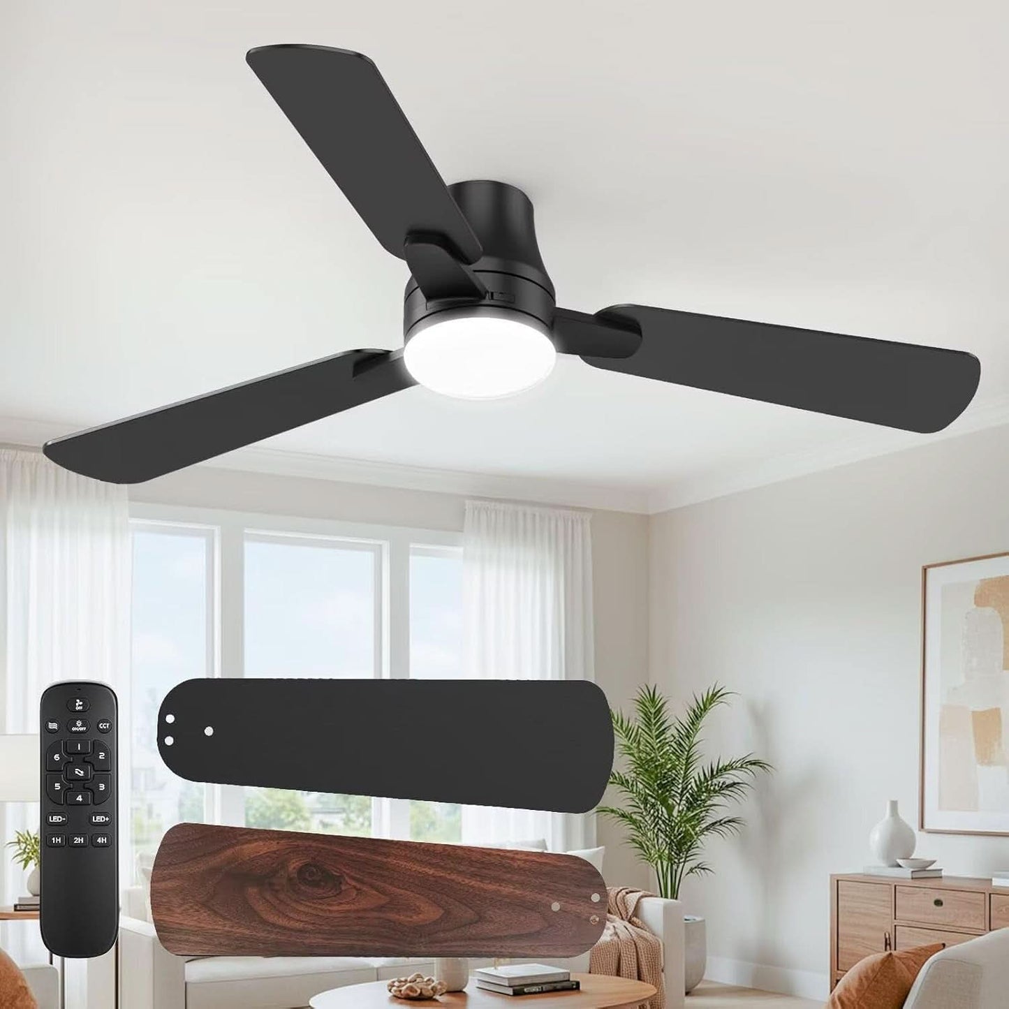 Black ceiling fan with light fixture in a living room setting