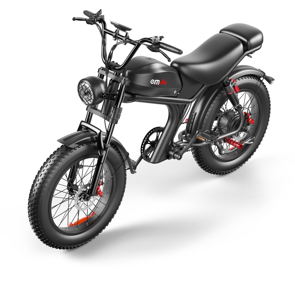 Black electric bike with red accents on a white background