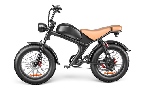 Black electric bike with a brown seat on a white background
