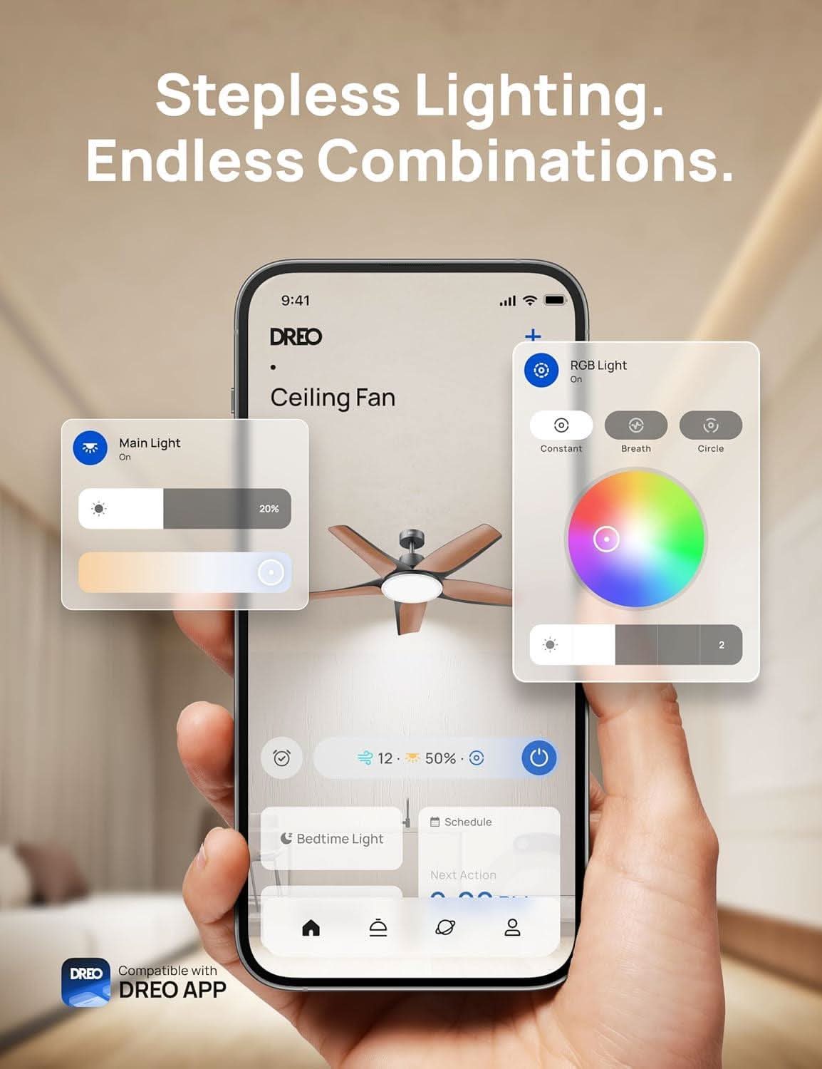 Smart home control app on a smartphone with ceiling fan and RGB light controls, featuring Dreo branding.