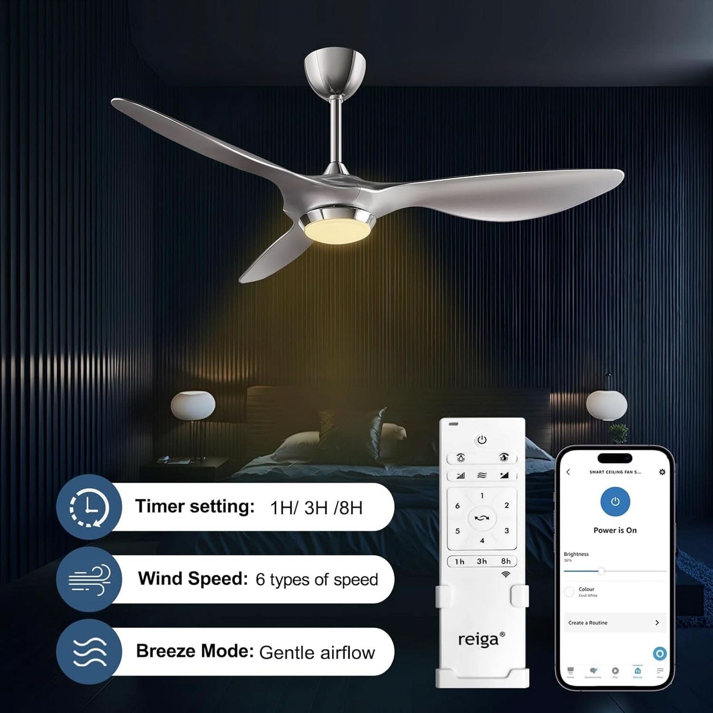 Ceiling fan with remote control and smartphone app on a dark background