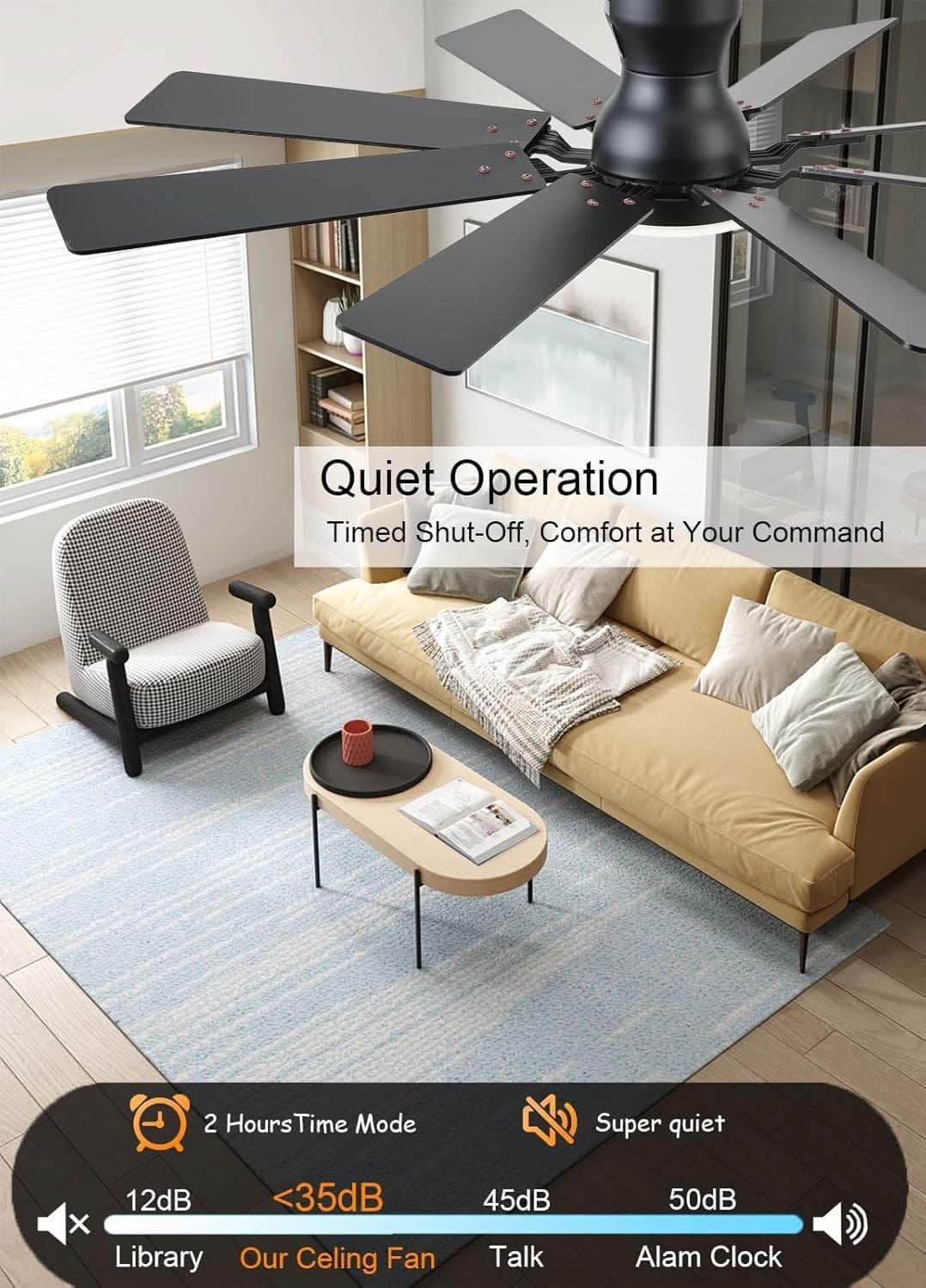 Ceiling fan in a living room with comfort features highlighted