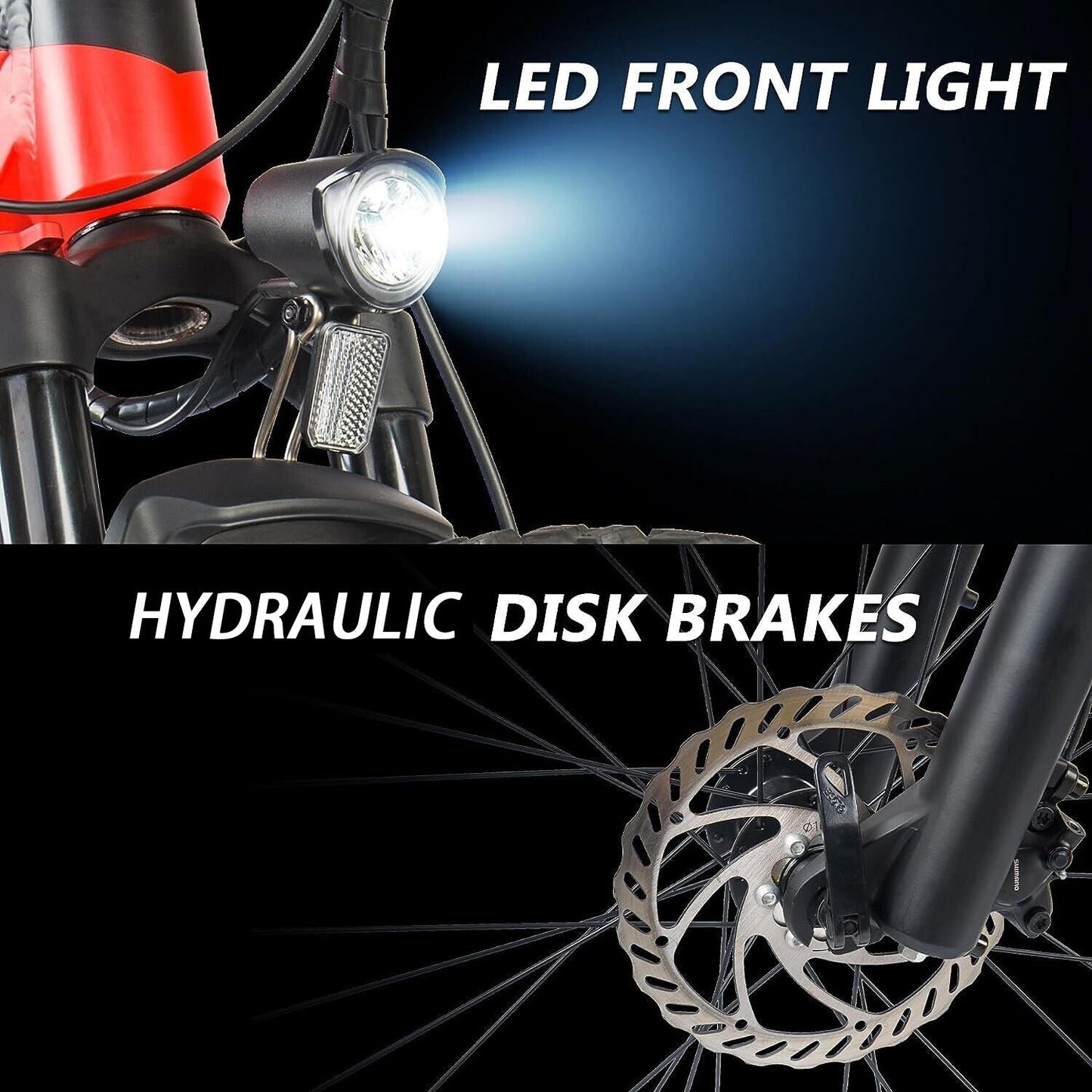 Bicycle with LED front light and hydraulic disk brakes on a black background