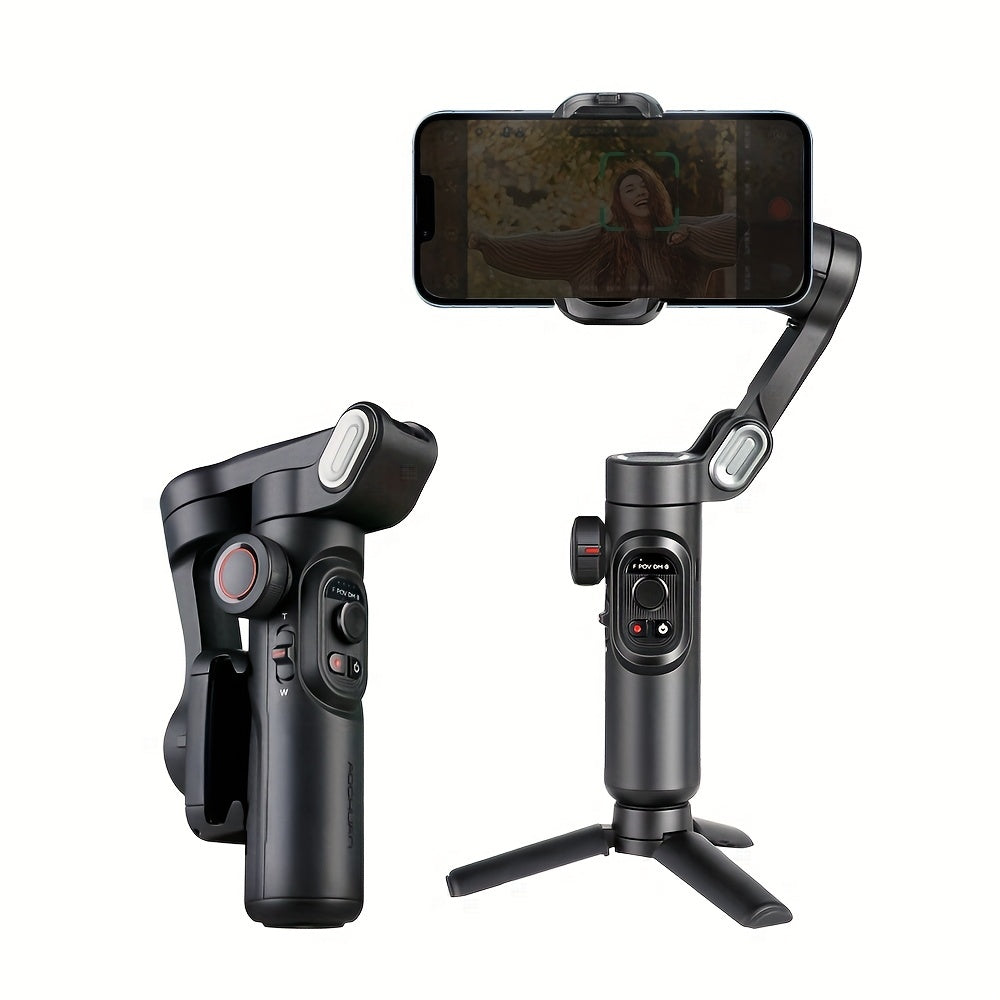 Phone gimbal stabilizer with smartphone attached on a white background