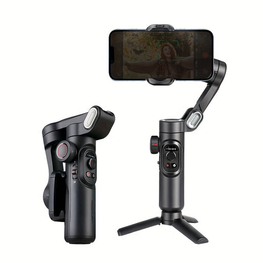 Phone gimbal stabilizer with smartphone attached on a white background