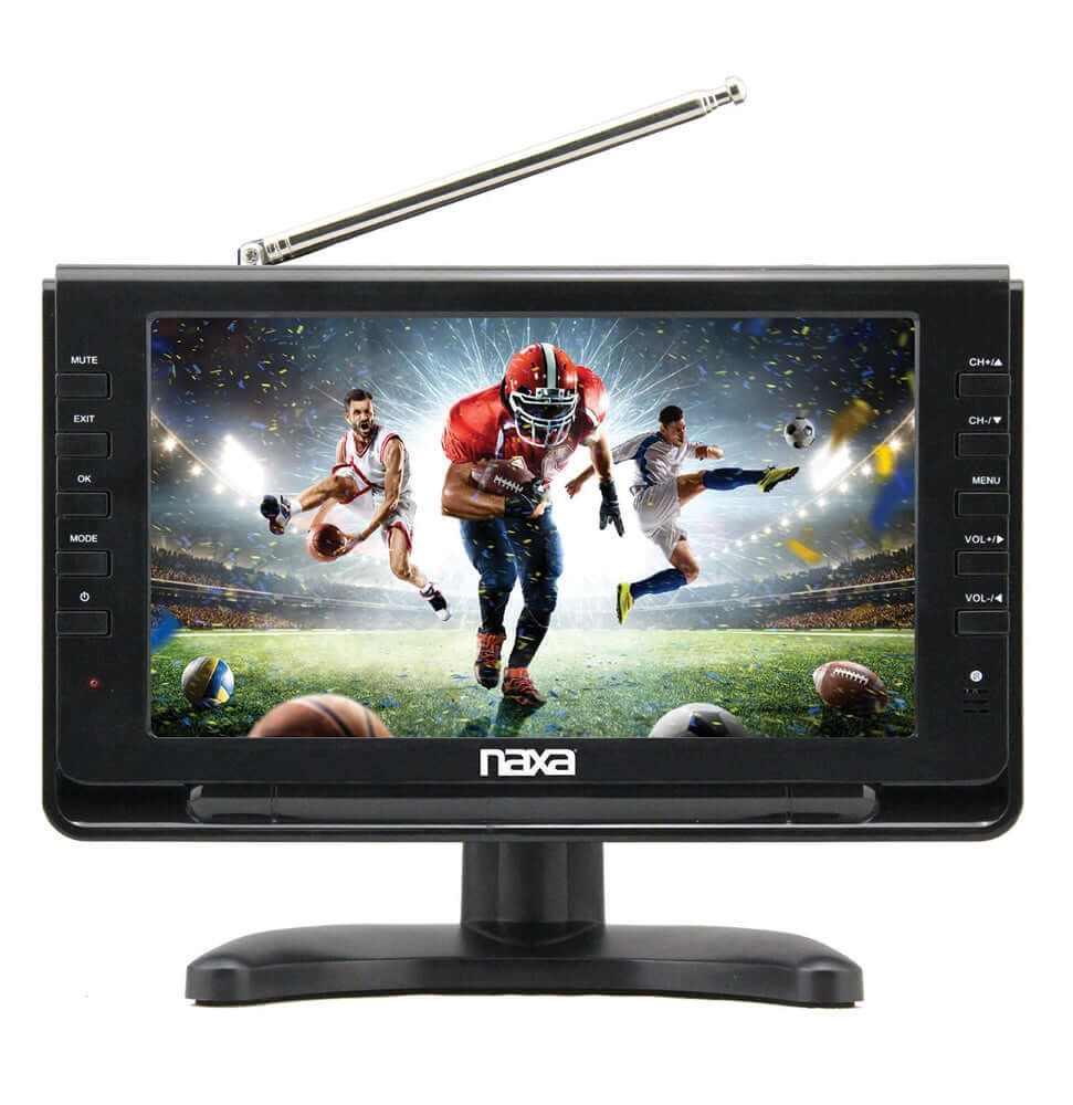 Portable TV with Naxa branding displaying a sports scene on a white background