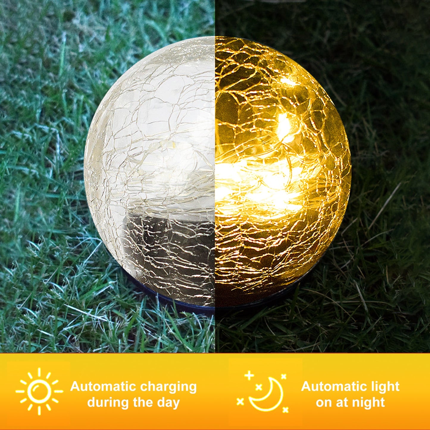 Cracked glass ball with solar panel on grass, showing day and night functionality.