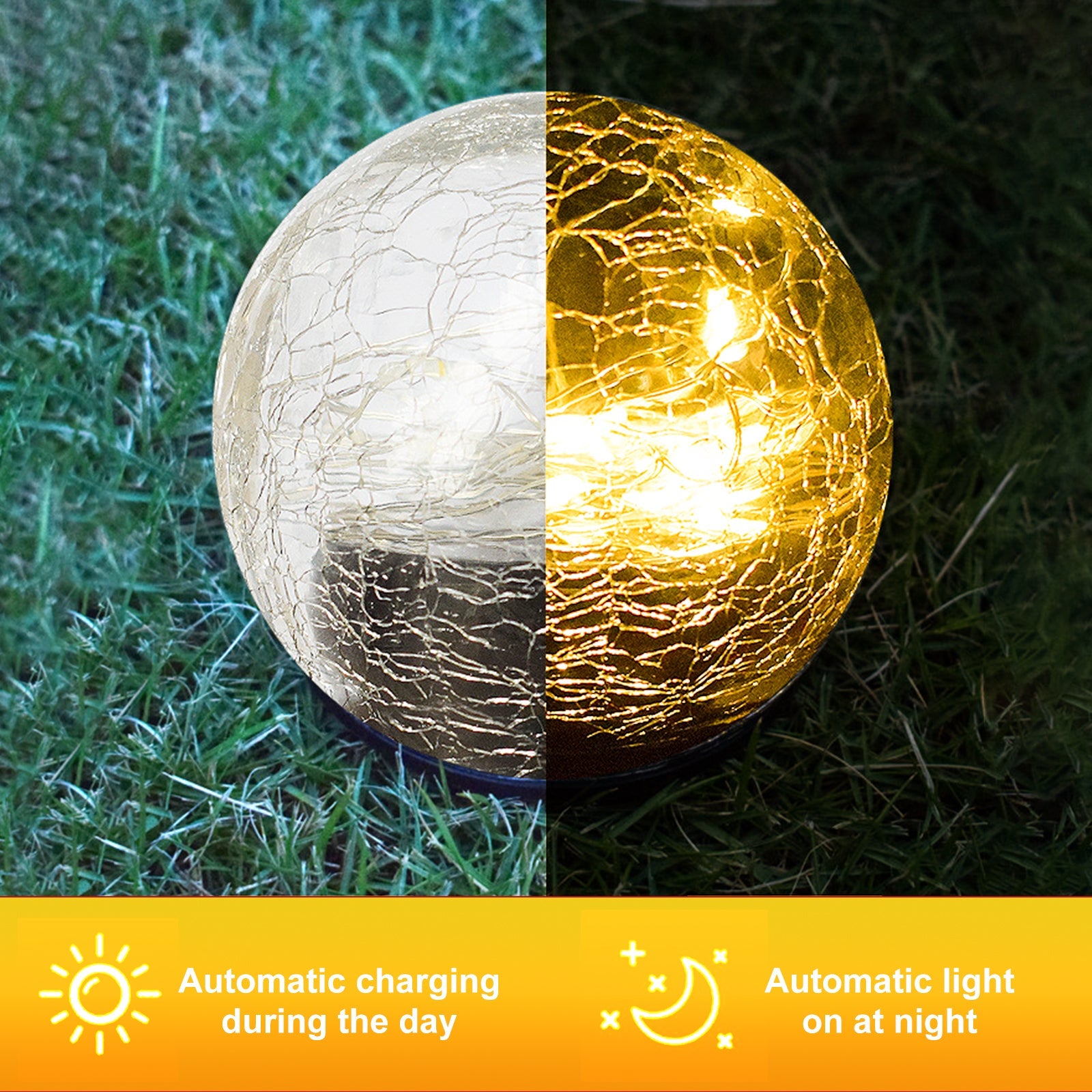 Cracked glass ball with solar panel on grass, showing day and night functionality.